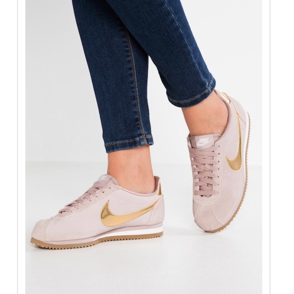 nike taupe with gold swoosh suede cortez trainers